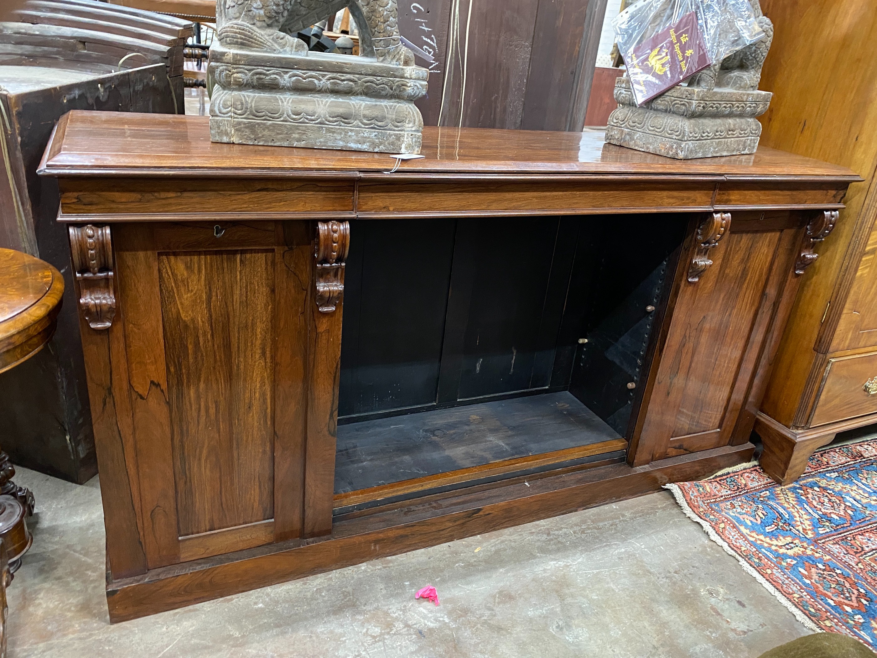 A Victorian rosewood dwarf open bookcase, width 184cm, depth 42cm, height 96cm